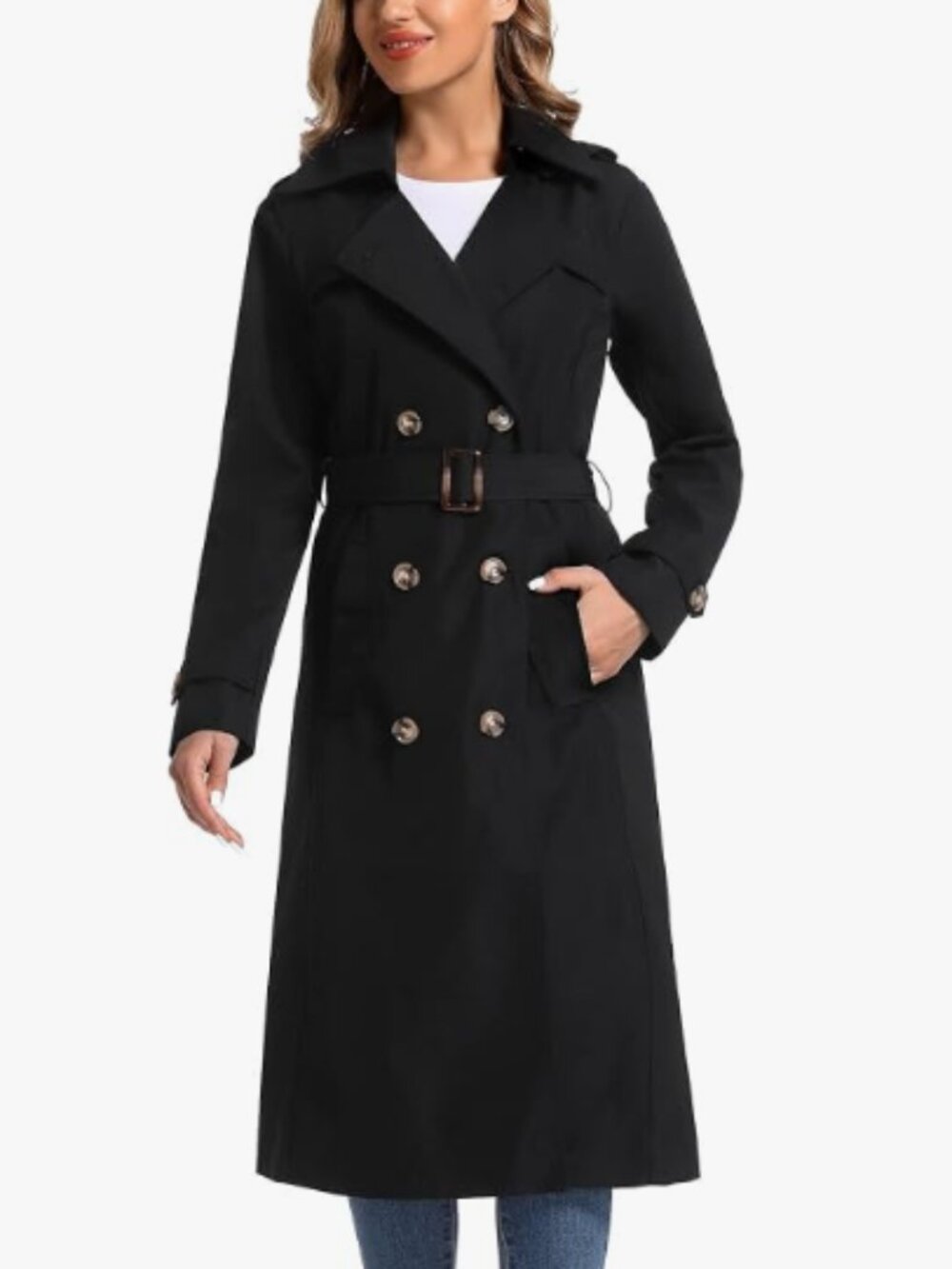 Waterproof Double Breasted Trench Coat w/ Removable Hood - Black - XXL